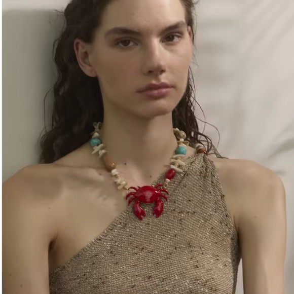 Red Crab Coastal Multicolor Beaded Gold Necklace - Picture 7 of 9